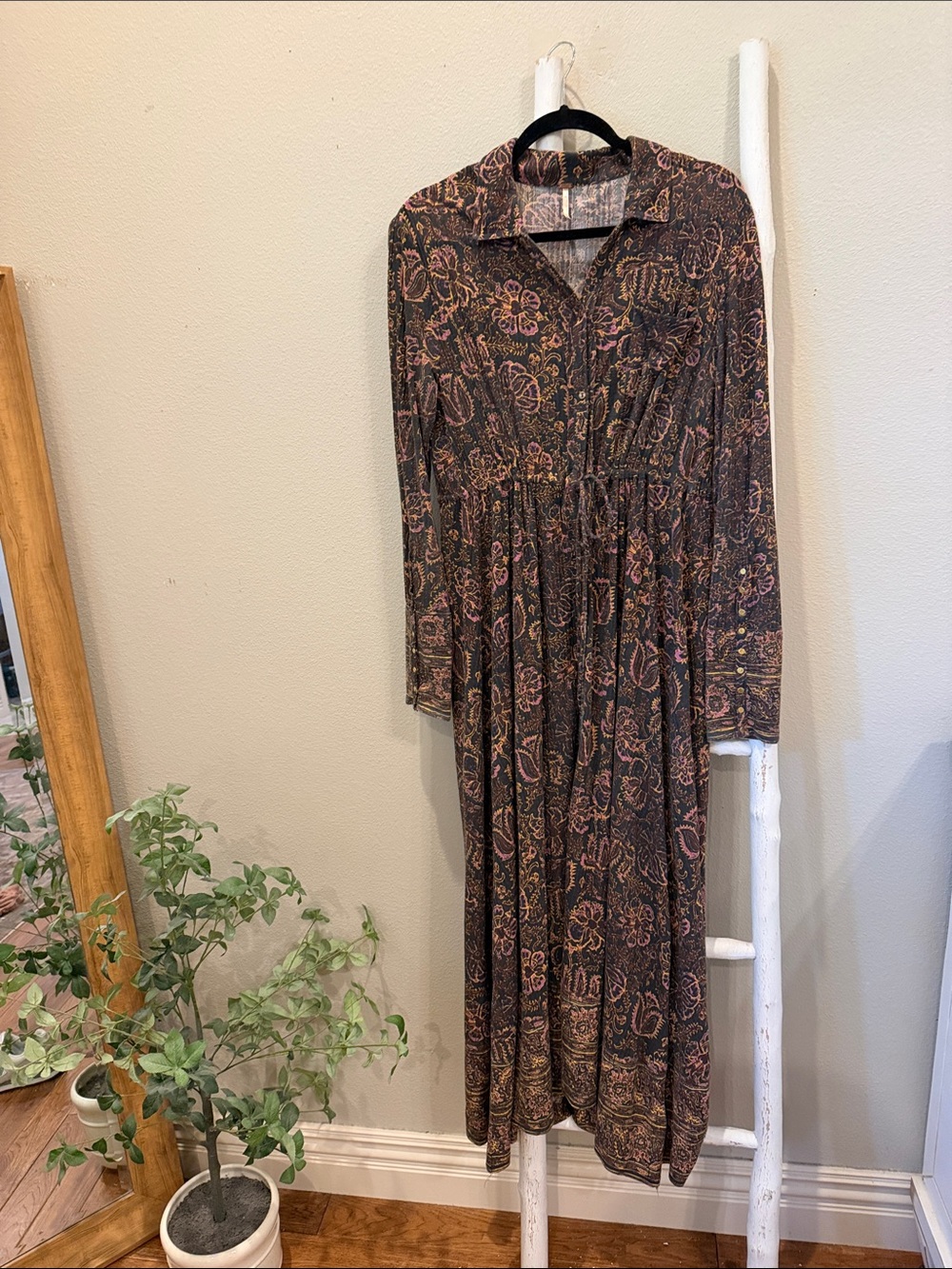 Free People charcoal  Paisley Maxi Dress with Pink and Cream Accents